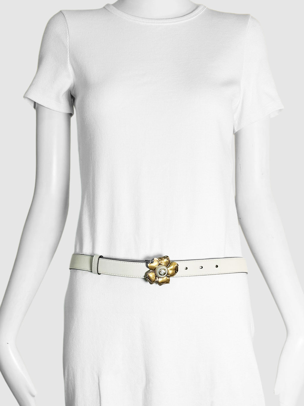Metal Flower Faux Pearl Interlocking G Leather Belt