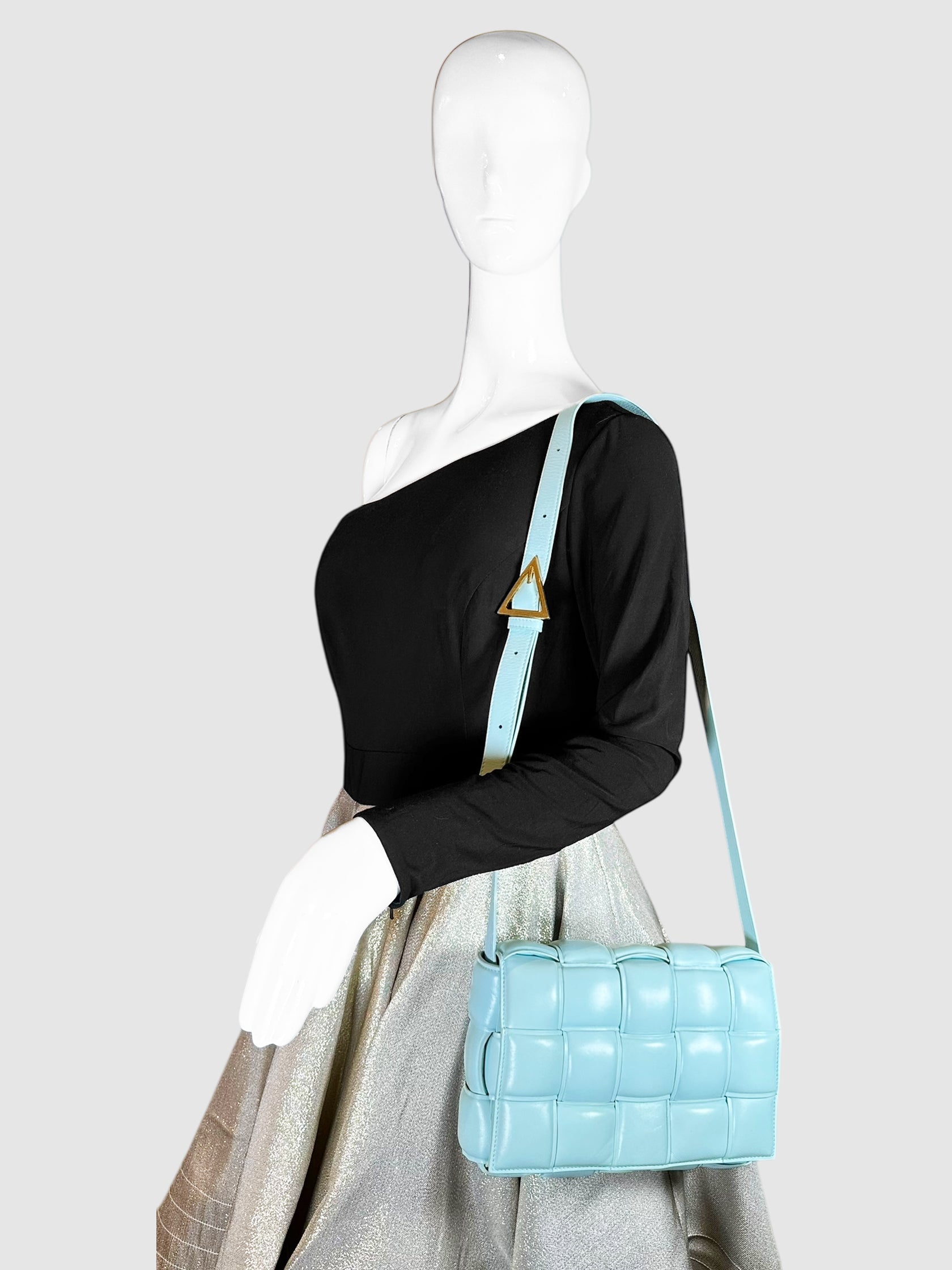Bottega Veneta Light Blue Turquoise Intrecciato Leather Padded Cassette Crossbody Bag Luxury Designer Resale Handbag Secondhand Consignment Toronto Canada