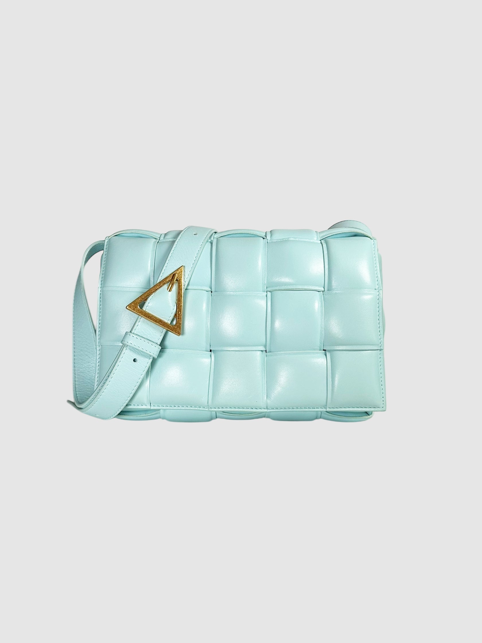 Bottega Veneta Light Blue Turquoise Intrecciato Leather Padded Cassette Crossbody Bag Luxury Designer Resale Handbag Secondhand Consignment Toronto Canada