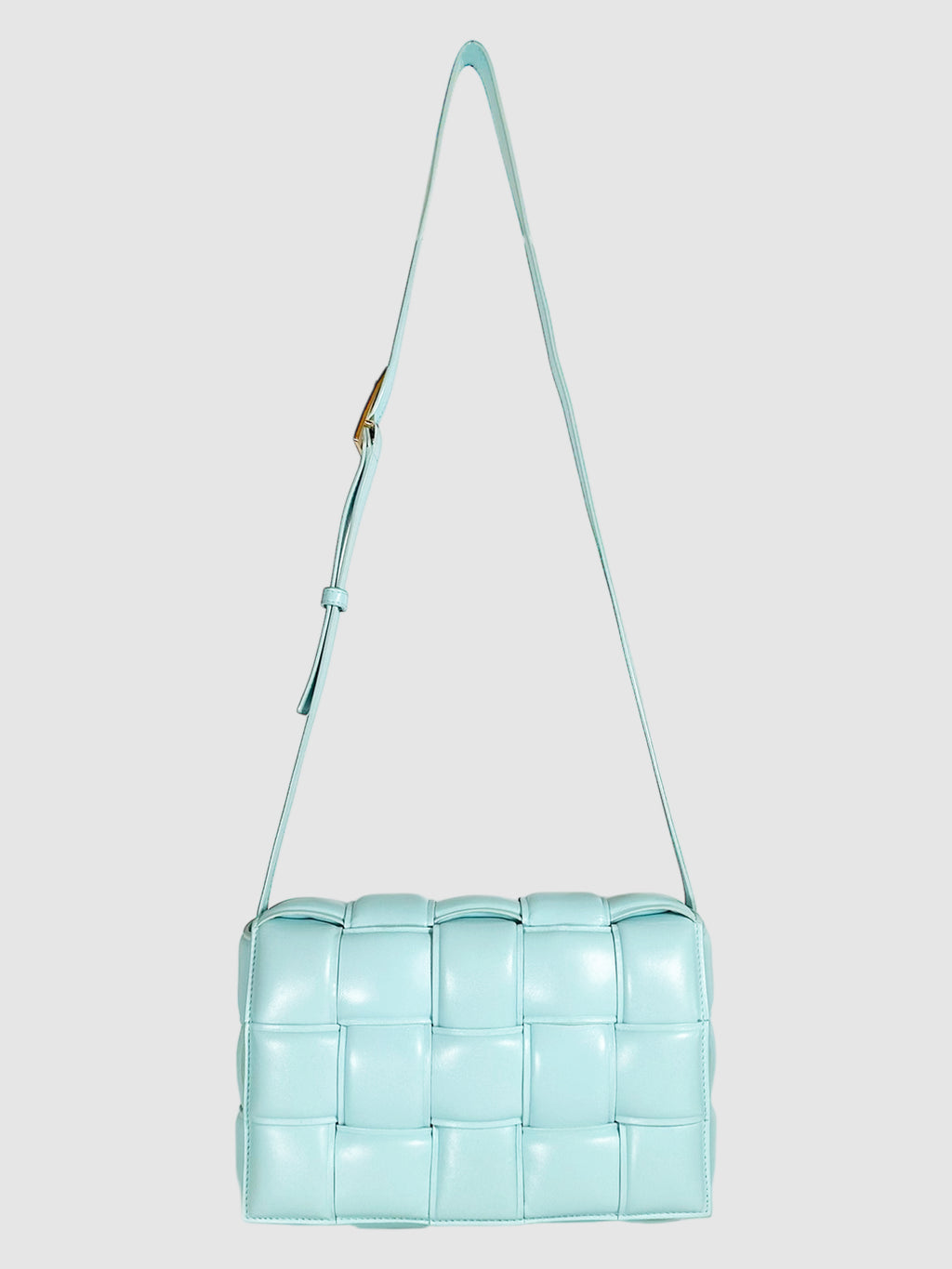 Bottega Veneta Light Blue Turquoise Intrecciato Leather Padded Cassette Crossbody Bag Luxury Designer Resale Handbag Secondhand Consignment Toronto Canada