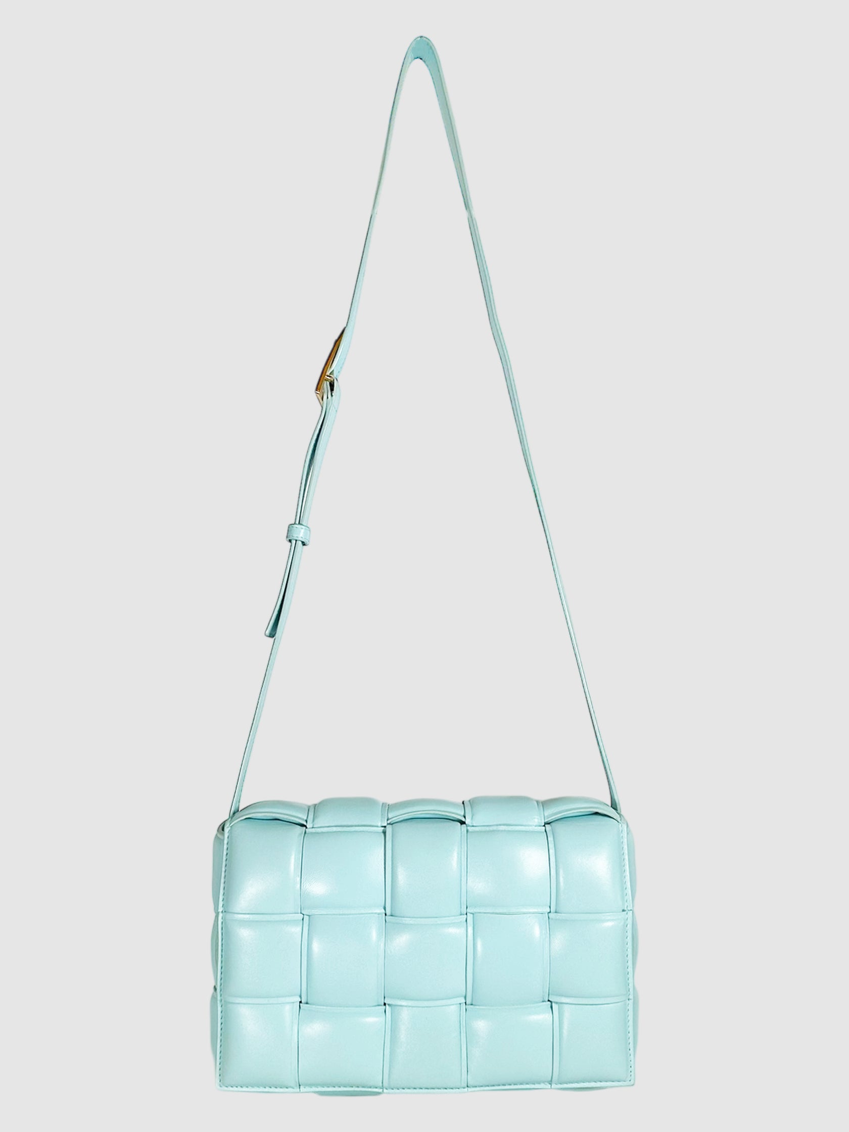 Bottega Veneta Light Blue Turquoise Intrecciato Leather Padded Cassette Crossbody Bag Luxury Designer Resale Handbag Secondhand Consignment Toronto Canada