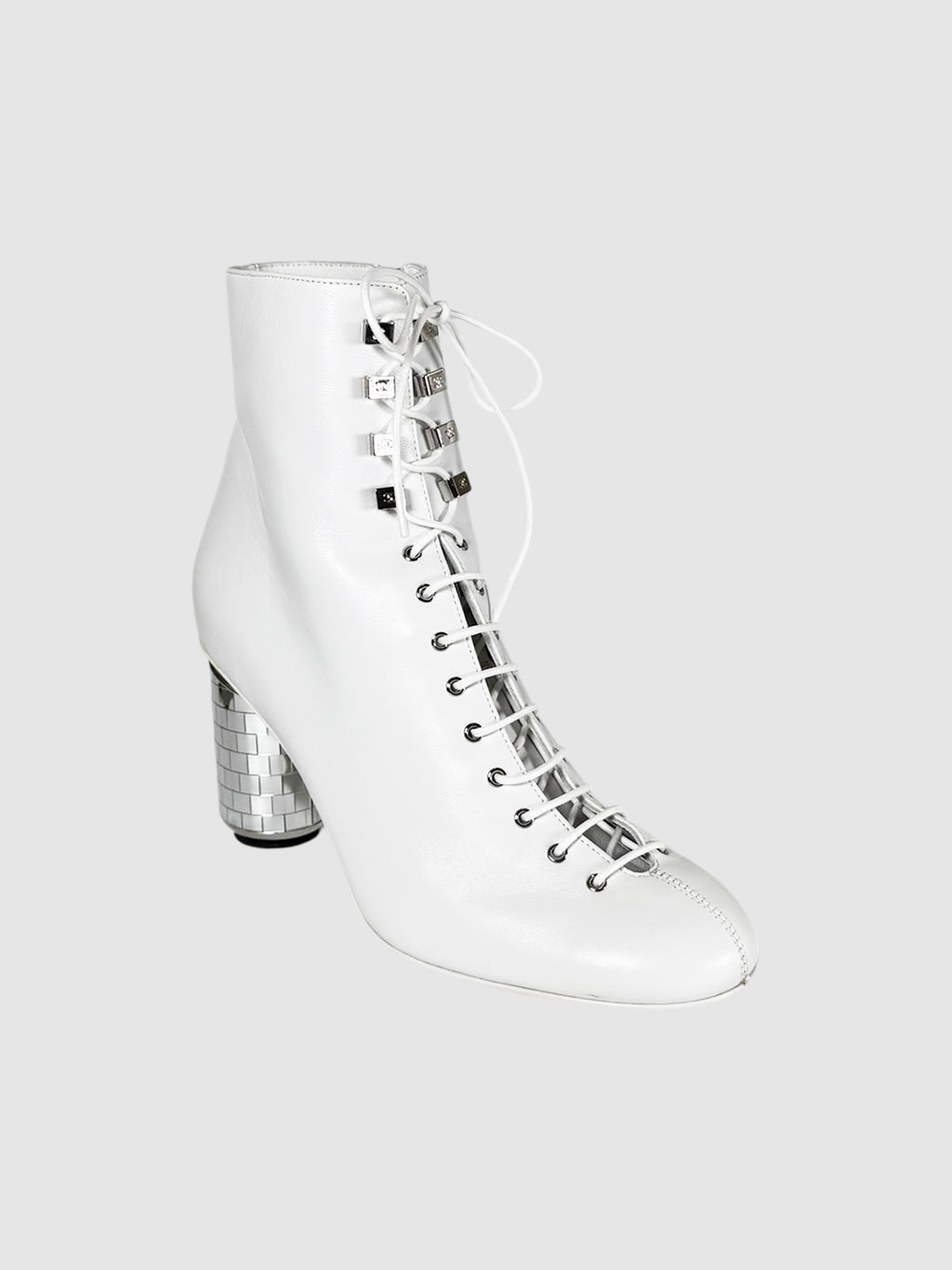 Chanel White Leather Lace-Up Boots with Silver Disco Heel, Size 38.5 Luxury Designer Resale Consignment Toronto Secondhand Canada