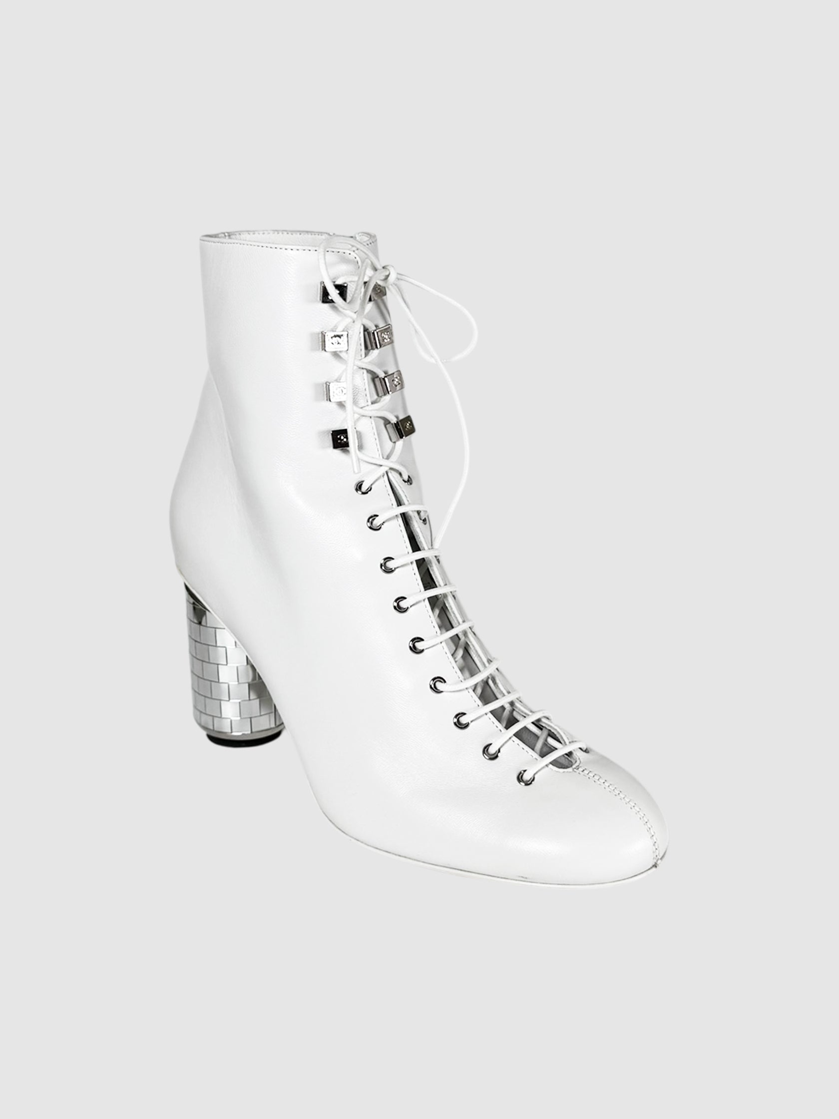 Chanel White Leather Lace-Up Boots with Silver Disco Heel, Size 38.5 Luxury Designer Resale Consignment Toronto Secondhand Canada