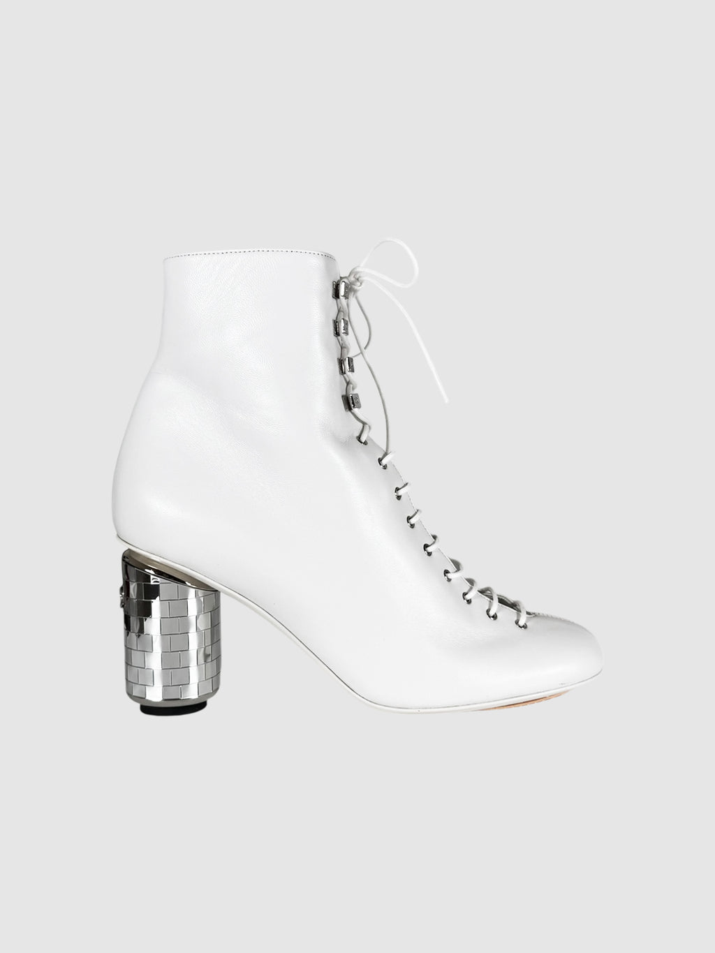 Chanel White Leather Lace-Up Boots with Silver Disco Heel, Size 38.5 Luxury Designer Resale Consignment Toronto Secondhand Canada