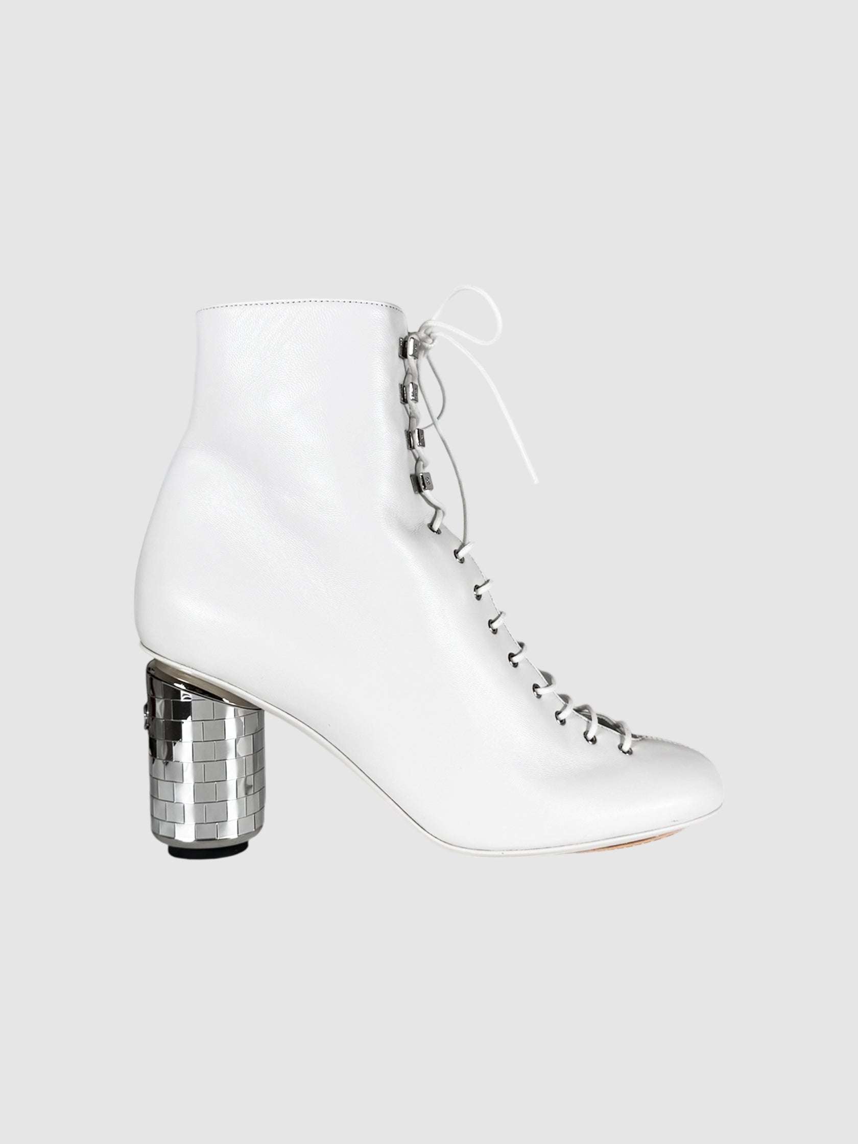 Chanel White Leather Lace-Up Boots with Silver Disco Heel, Size 38.5 Luxury Designer Resale Consignment Toronto Secondhand Canada