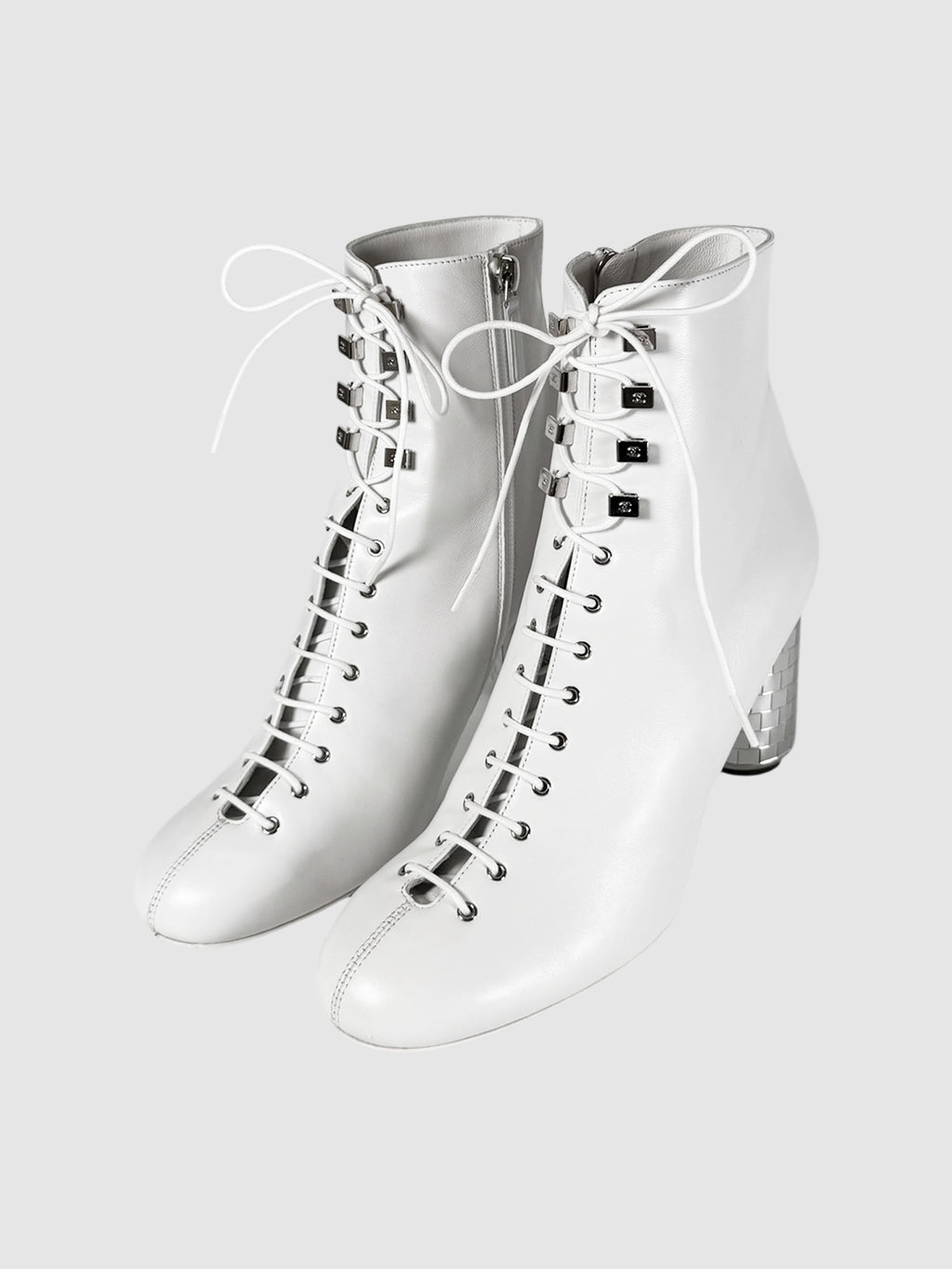 Chanel White Leather Lace-Up Boots with Silver Disco Heel, Size 38.5 Luxury Designer Resale Consignment Toronto Secondhand Canada