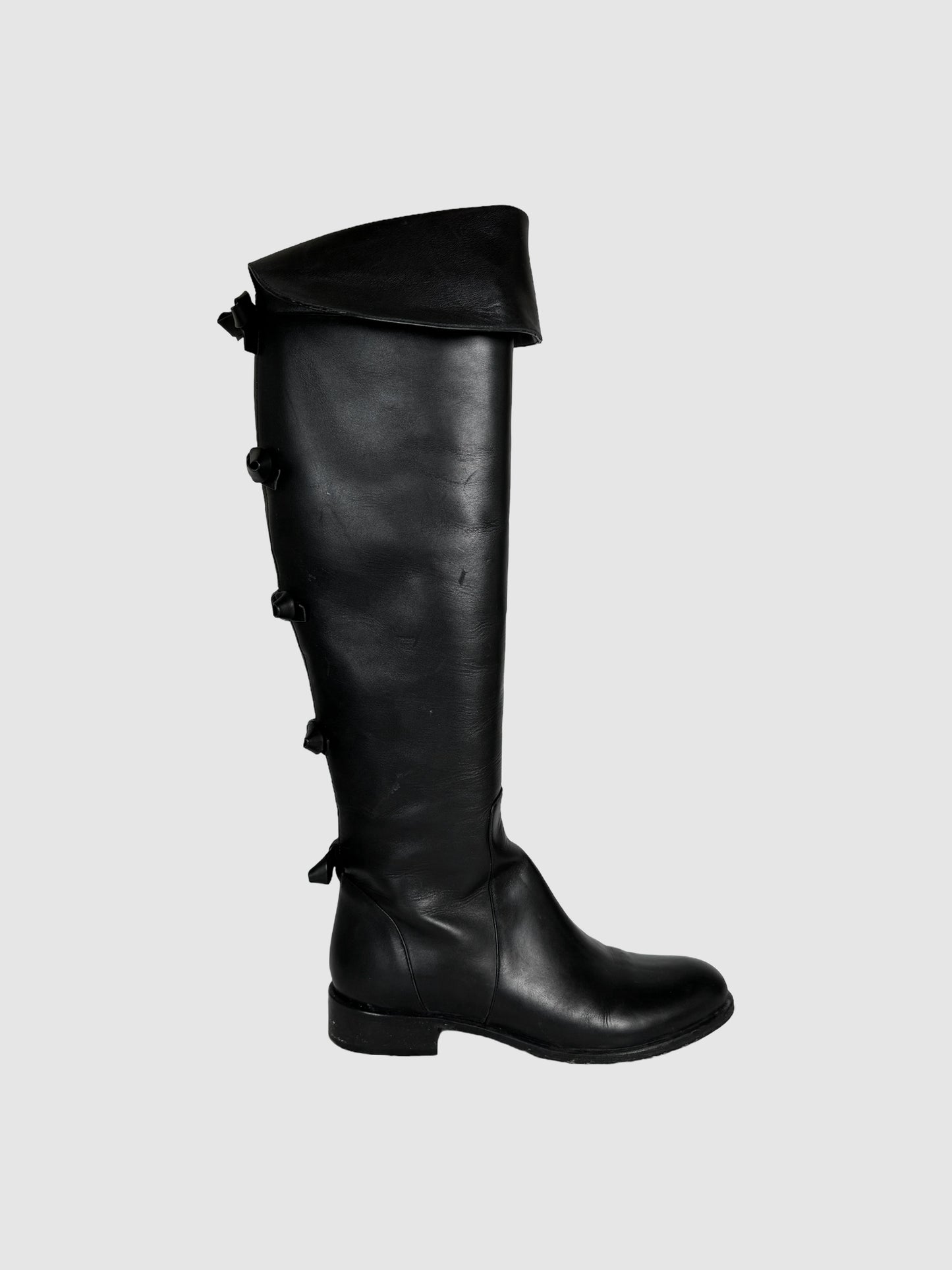 Valentino Black Garavani Leather Over-the-Knee Back Bows Tall Boots Consignment Secondhand Luxury