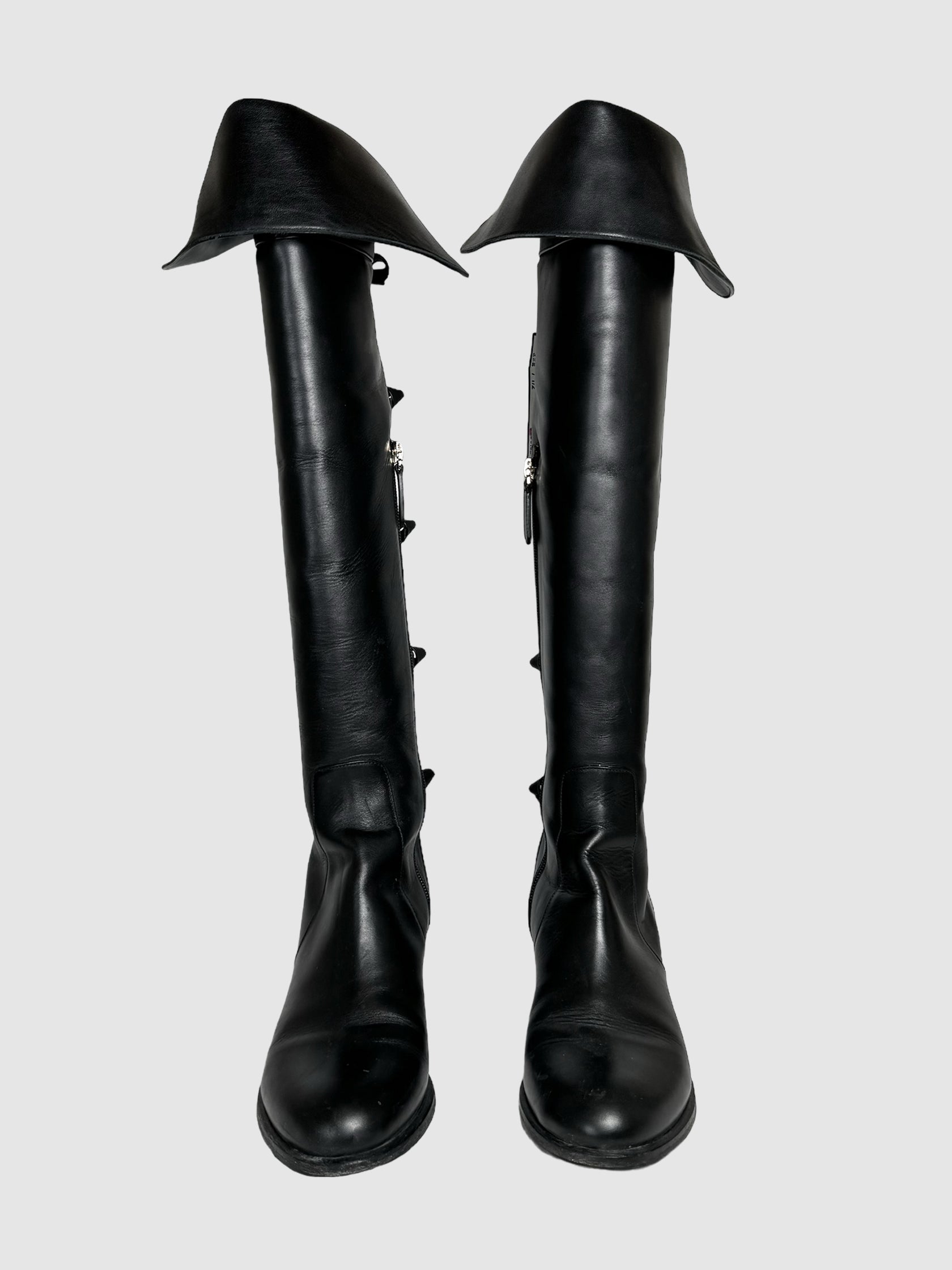 Valentino Black Garavani Leather Over-the-Knee Back Bows Tall Boots Consignment Secondhand Luxury