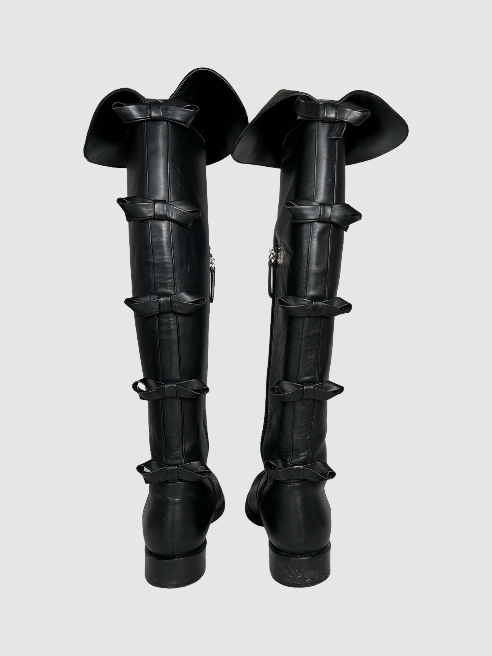 Valentino Black Garavani Leather Over-the-Knee Back Bows Tall Boots Consignment Secondhand Luxury