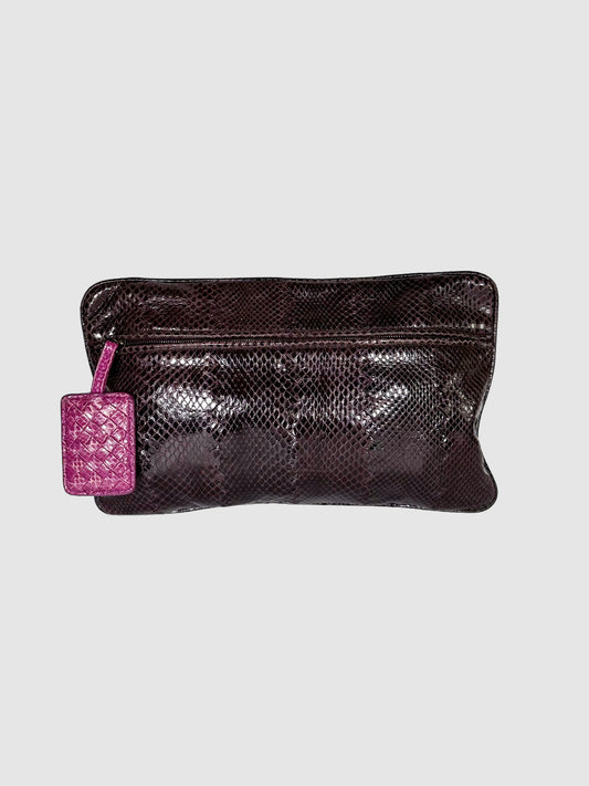 Bottega Veneta Purple Ayers Snakeskin Leather Flat Clutch Consignment Secondhand Designer Luxury Resale Toronto Trendy