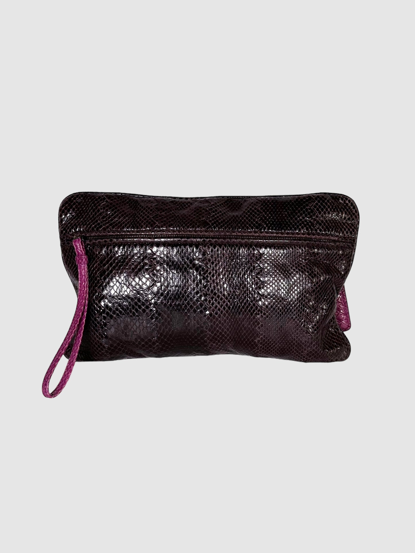 Bottega Veneta Purple Ayers Snakeskin Leather Flat Clutch Consignment Secondhand Designer Luxury Resale Toronto Trendy