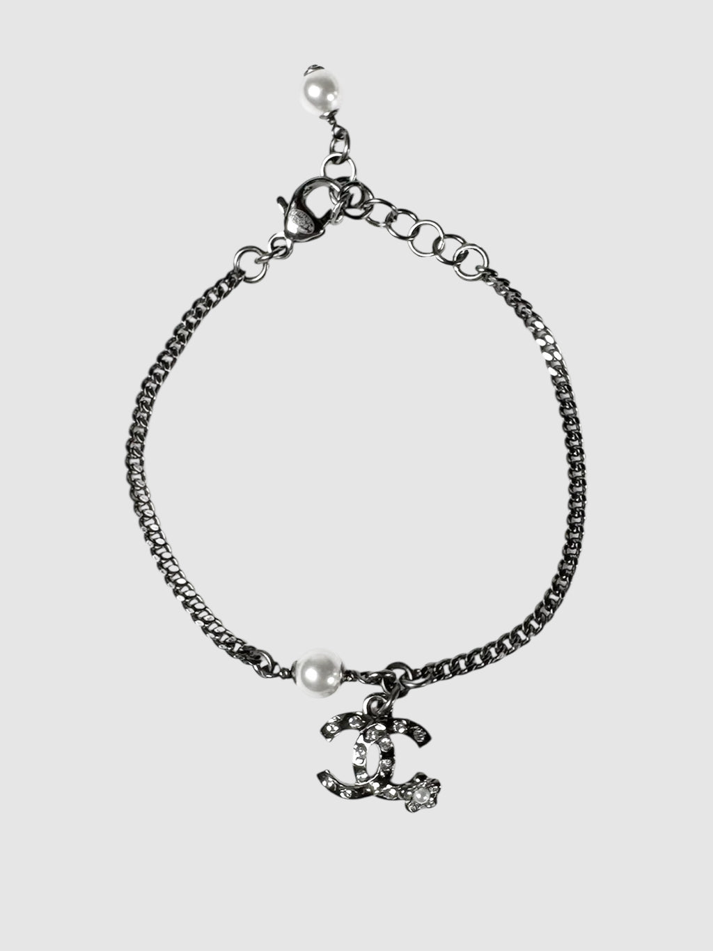 Chanel 2021 Silver Metal Pearl Crystal Baguette CC Star Bracelet luxury designer resale consignment toronto Canada secondhand 