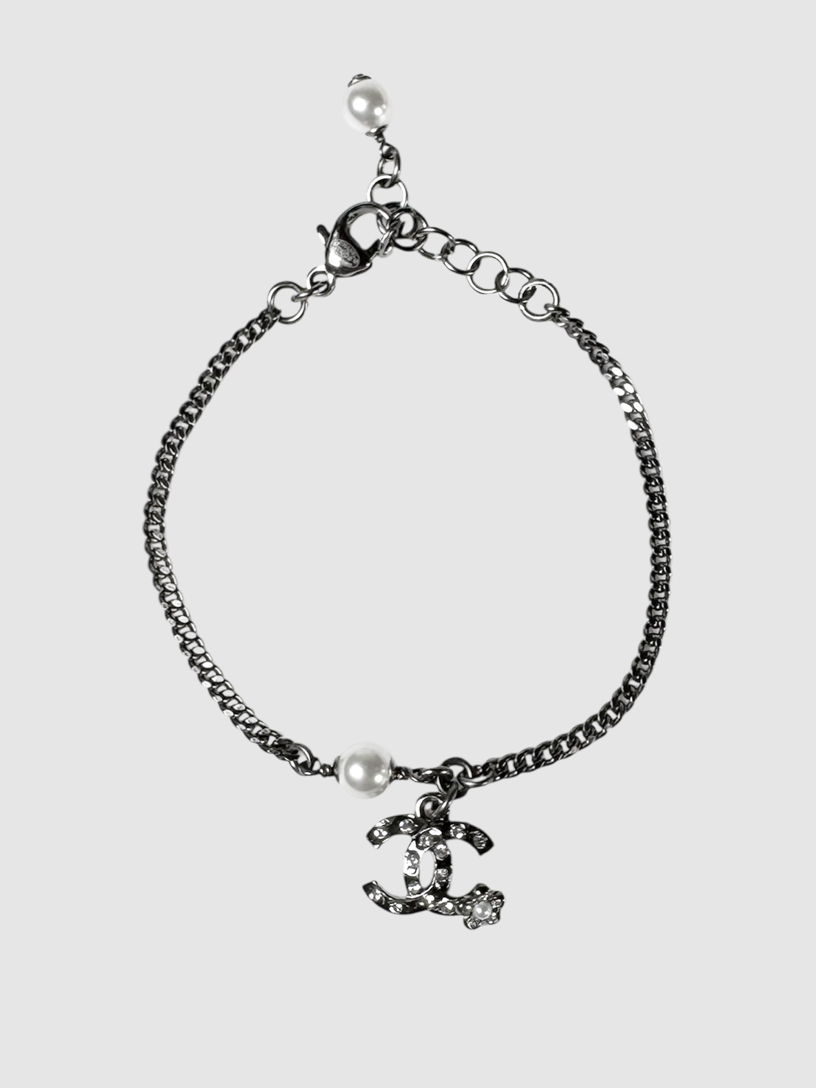 Chanel 2021 Silver Metal Pearl Crystal Baguette CC Star Bracelet luxury designer resale consignment toronto Canada secondhand 