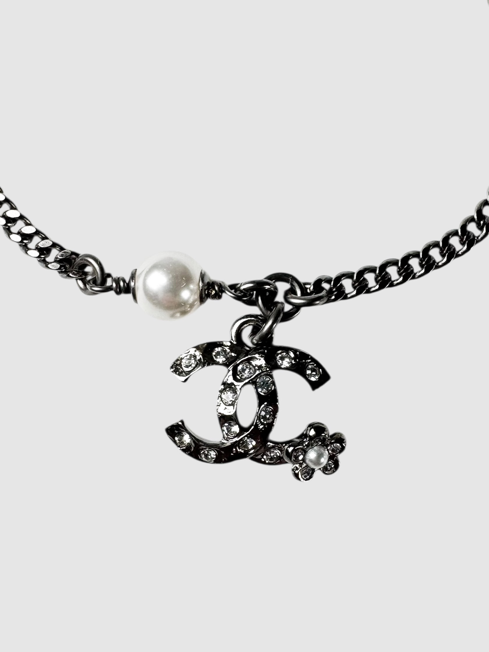 Chanel 2021 Silver Metal Pearl Crystal Baguette CC Star Bracelet luxury designer resale consignment toronto Canada secondhand 