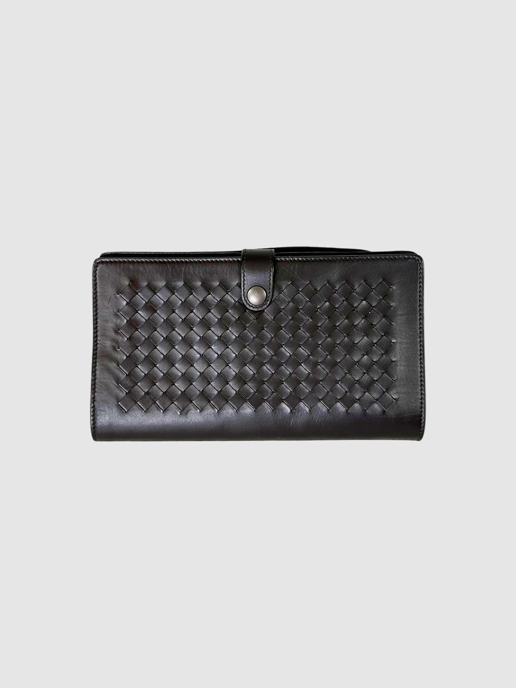 Bottega Veneta Dark Brown Intrecciato and Smooth Leather Clutch Wristlet Luxury Designer Resale Consignment Toronto