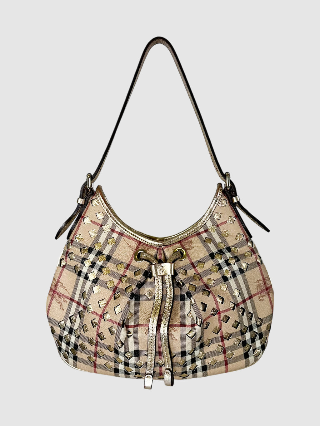 Burberry Beige, Black, White, Red, and Gold-Tone Coated Canvas and Leather Haymarket Check Drawstring Hobo Bag Luxury Designer Resale Consignment Toronto