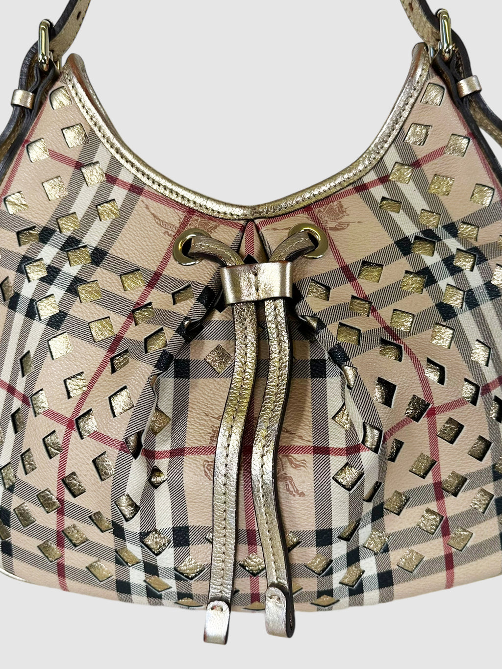 Burberry Beige, Black, White, Red, and Gold-Tone Coated Canvas and Leather Haymarket Check Drawstring Hobo Bag Luxury Designer Resale Consignment Toronto
