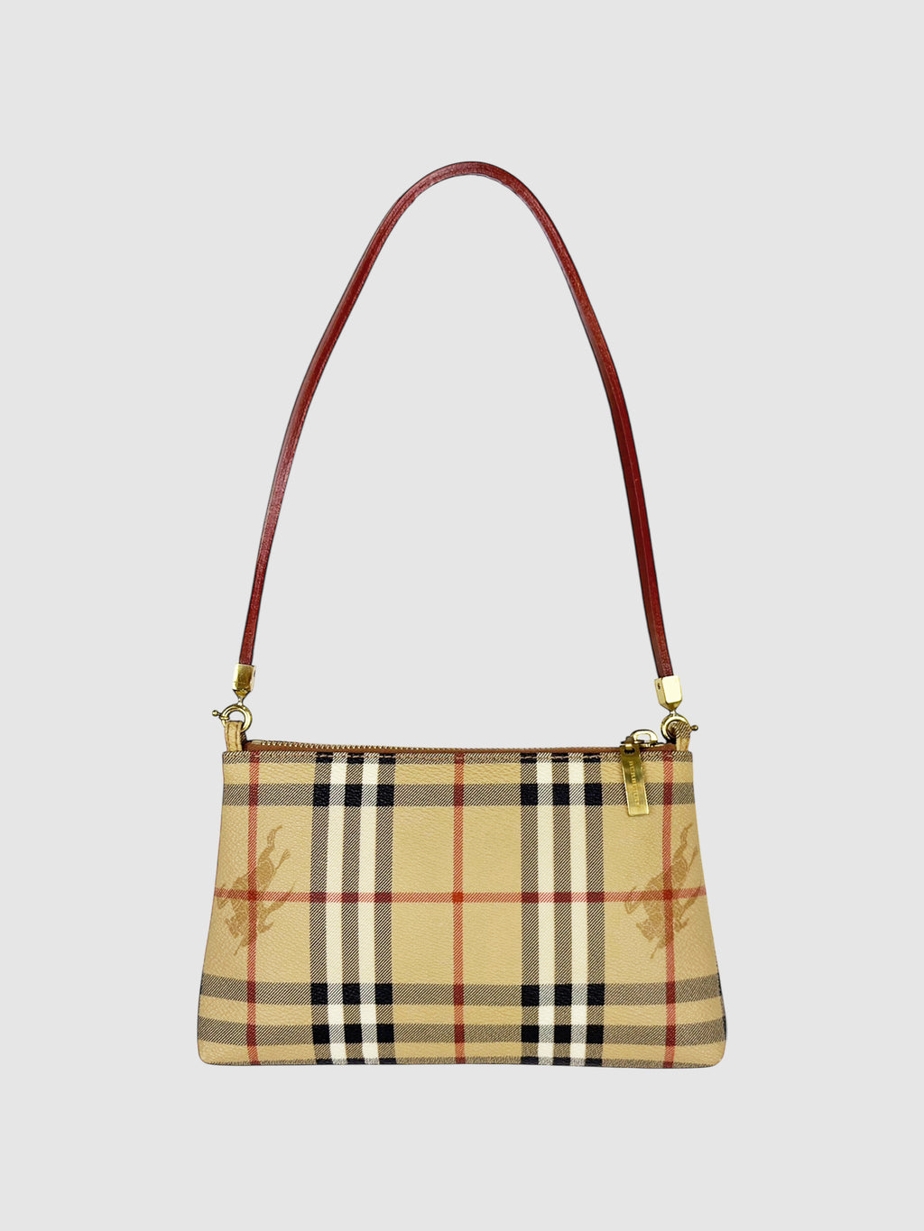Burberry Beige, Black, White, and Red Coated Canvas Haymarket Check Pochette luxury designer resale consignment toronto secondhand canada