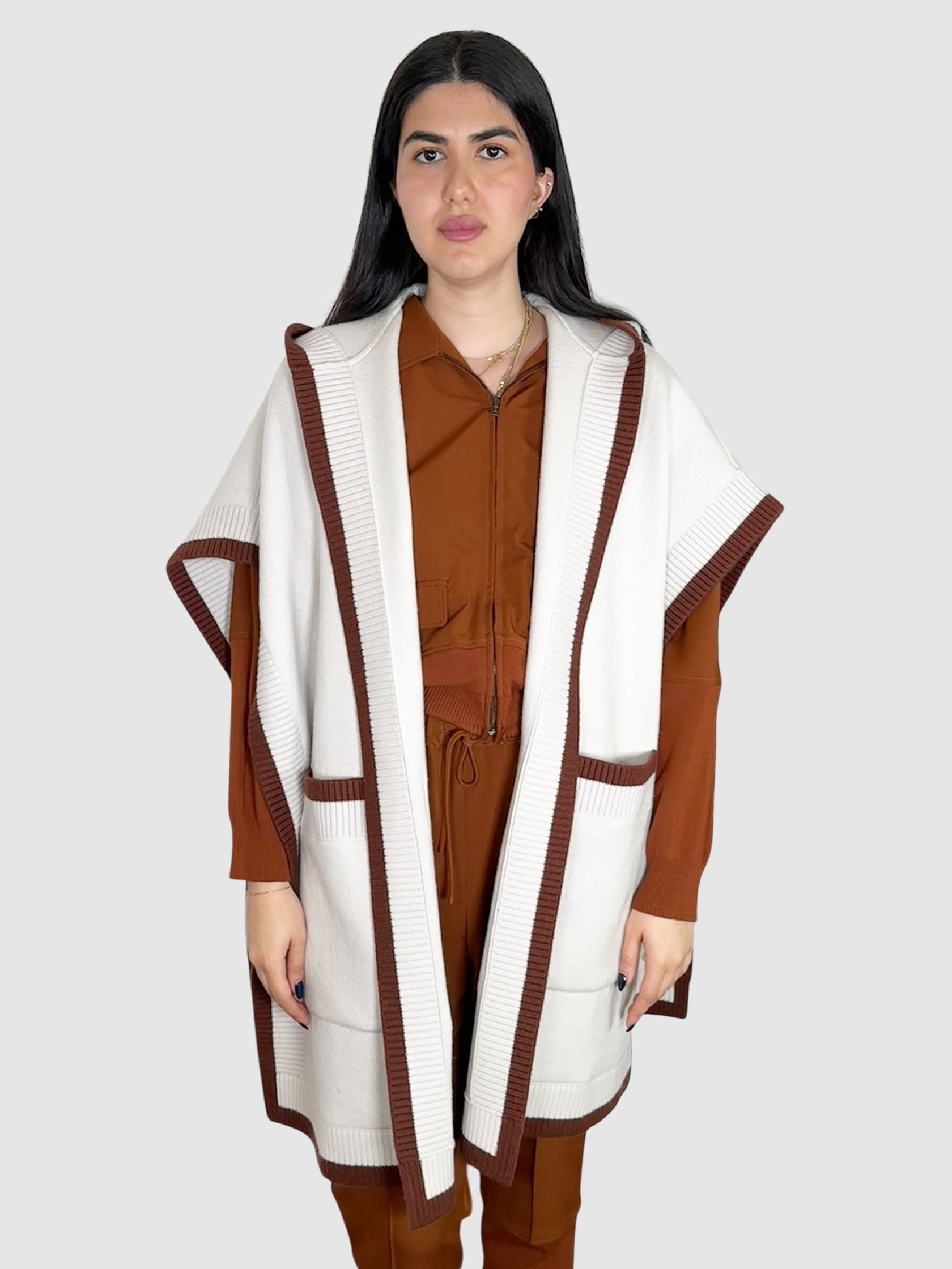 Burberry Cream with Brown Trim Carla Logo Hooded Wool Cashmere Blend Cape, One Size Beach Cover-Up Luxury Designer Resale Consignment NWT Toronto Canada