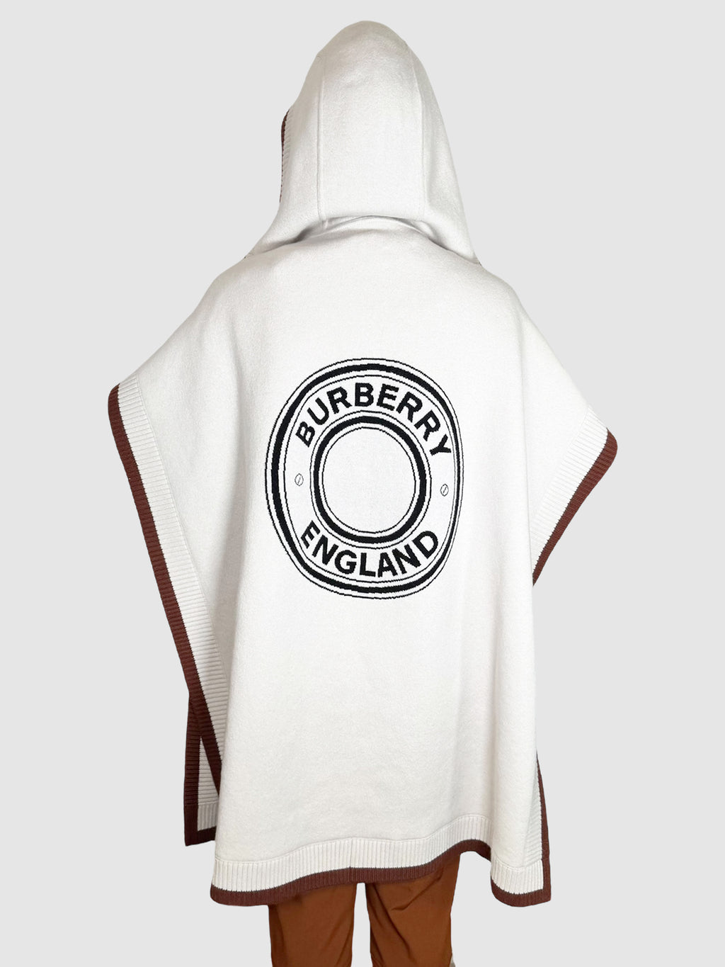 Burberry Cream with Brown Trim Carla Logo Hooded Wool Cashmere Blend Cape, One Size Beach Cover-Up Luxury Designer Resale Consignment NWT Toronto Canada