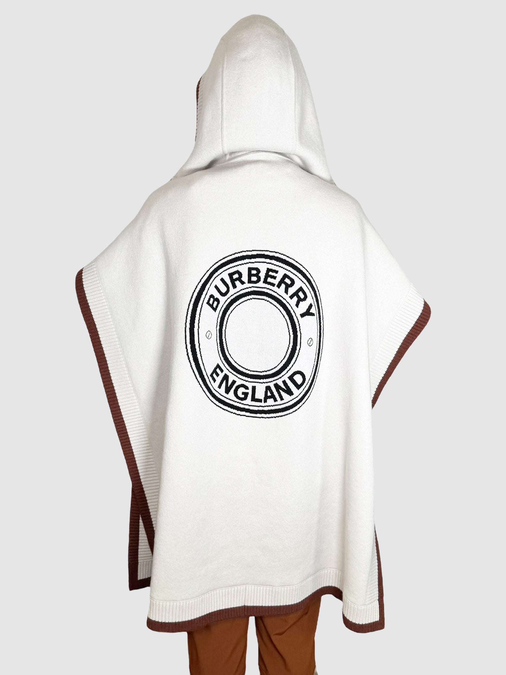 Burberry Cream with Brown Trim Carla Logo Hooded Wool Cashmere Blend Cape, One Size Beach Cover-Up Luxury Designer Resale Consignment NWT Toronto Canada