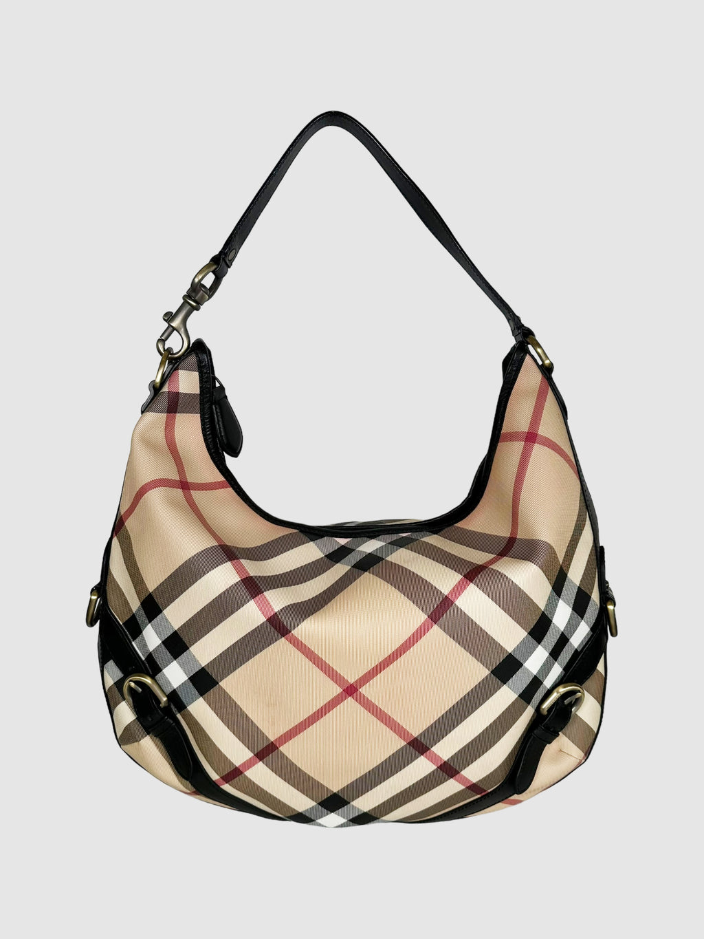 Burberry Beige, Red, Black, and White Canvas and Leather Nova Check Barton Hobo Bag Consignment Secondhand Designer Luxury Resale Toronto Trendy