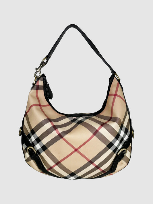 Burberry Beige, Red, Black, and White Canvas and Leather Nova Check Barton Hobo Bag Consignment Secondhand Designer Luxury Resale Toronto Trendy