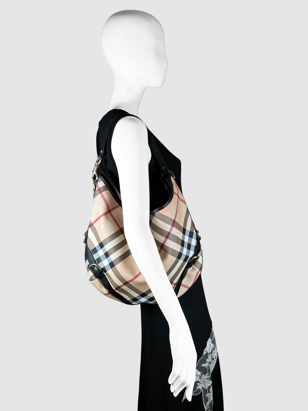 Burberry Beige, Red, Black, and White Canvas and Leather Nova Check Barton Hobo Bag Consignment Secondhand Designer Luxury Resale Toronto Trendy