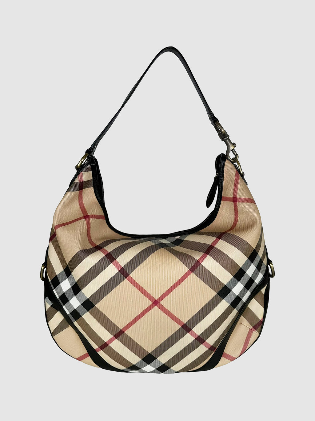 Burberry Beige, Red, Black, and White Canvas and Leather Nova Check Barton Hobo Bag Consignment Secondhand Designer Luxury Resale Toronto Trendy
