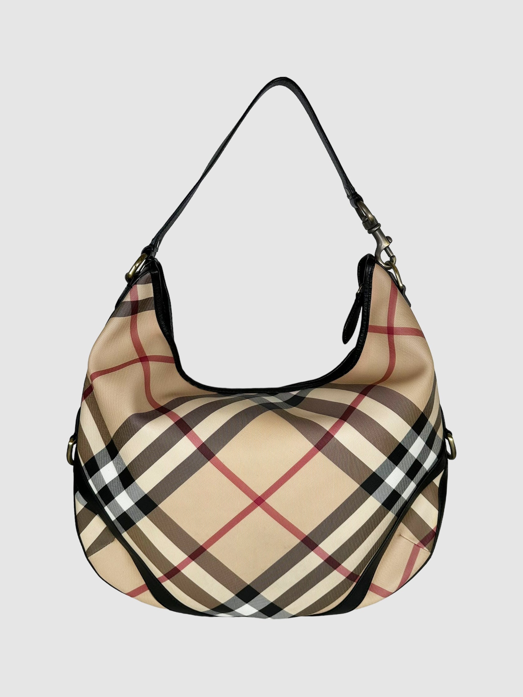 Burberry Beige, Red, Black, and White Canvas and Leather Nova Check Barton Hobo Bag Consignment Secondhand Designer Luxury Resale Toronto Trendy