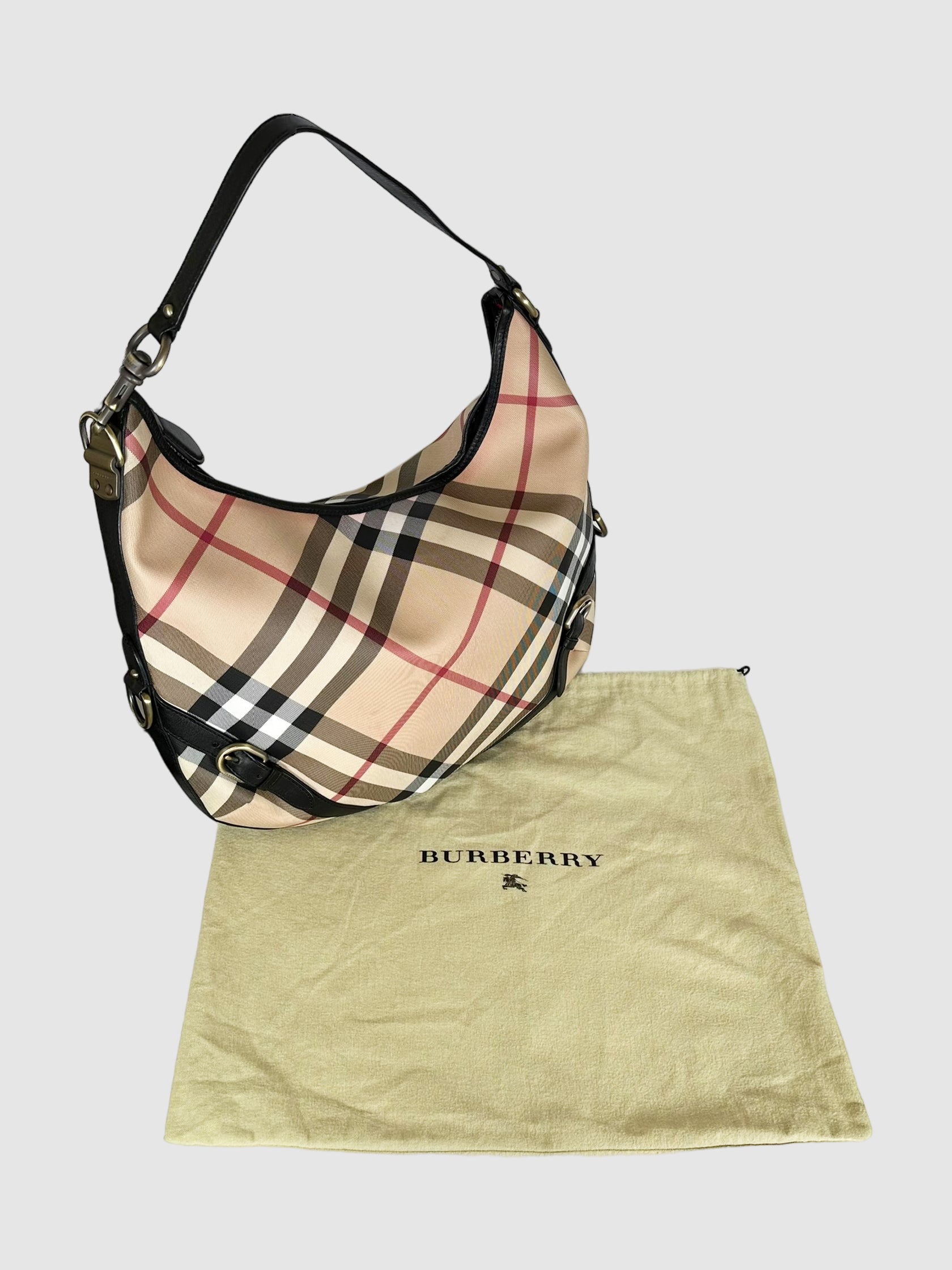 Burberry Beige, Red, Black, and White Canvas and Leather Nova Check Barton Hobo Bag Consignment Secondhand Designer Luxury Resale Toronto Trendy