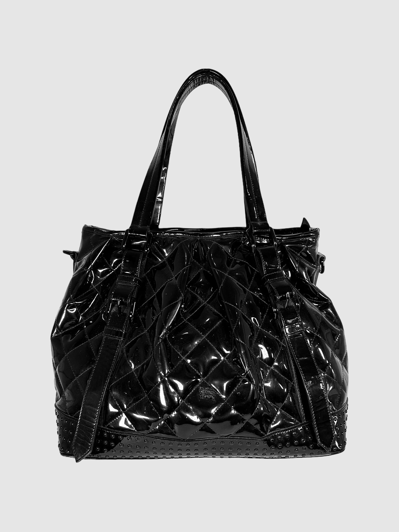 Burberry Black Quilted Patent Leather Lowry Tote Bag Consignment Secondhand Designer Luxury Resale Toronto Trendy