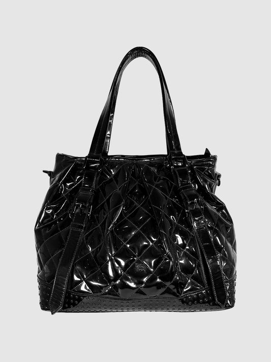 Burberry Black Quilted Patent Leather Lowry Tote Bag Consignment Secondhand Designer Luxury Resale Toronto Trendy