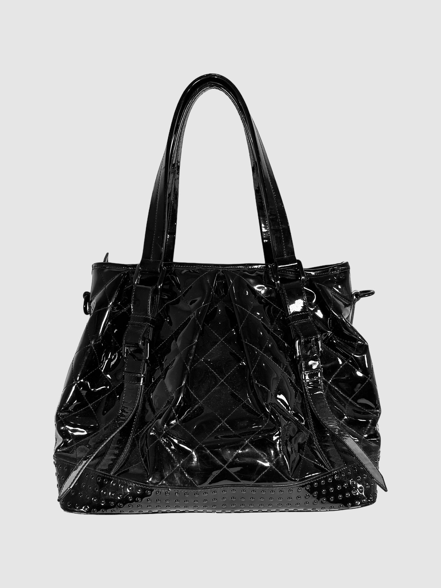 Burberry Black Quilted Patent Leather Lowry Tote Bag Consignment Secondhand Designer Luxury Resale Toronto Trendy