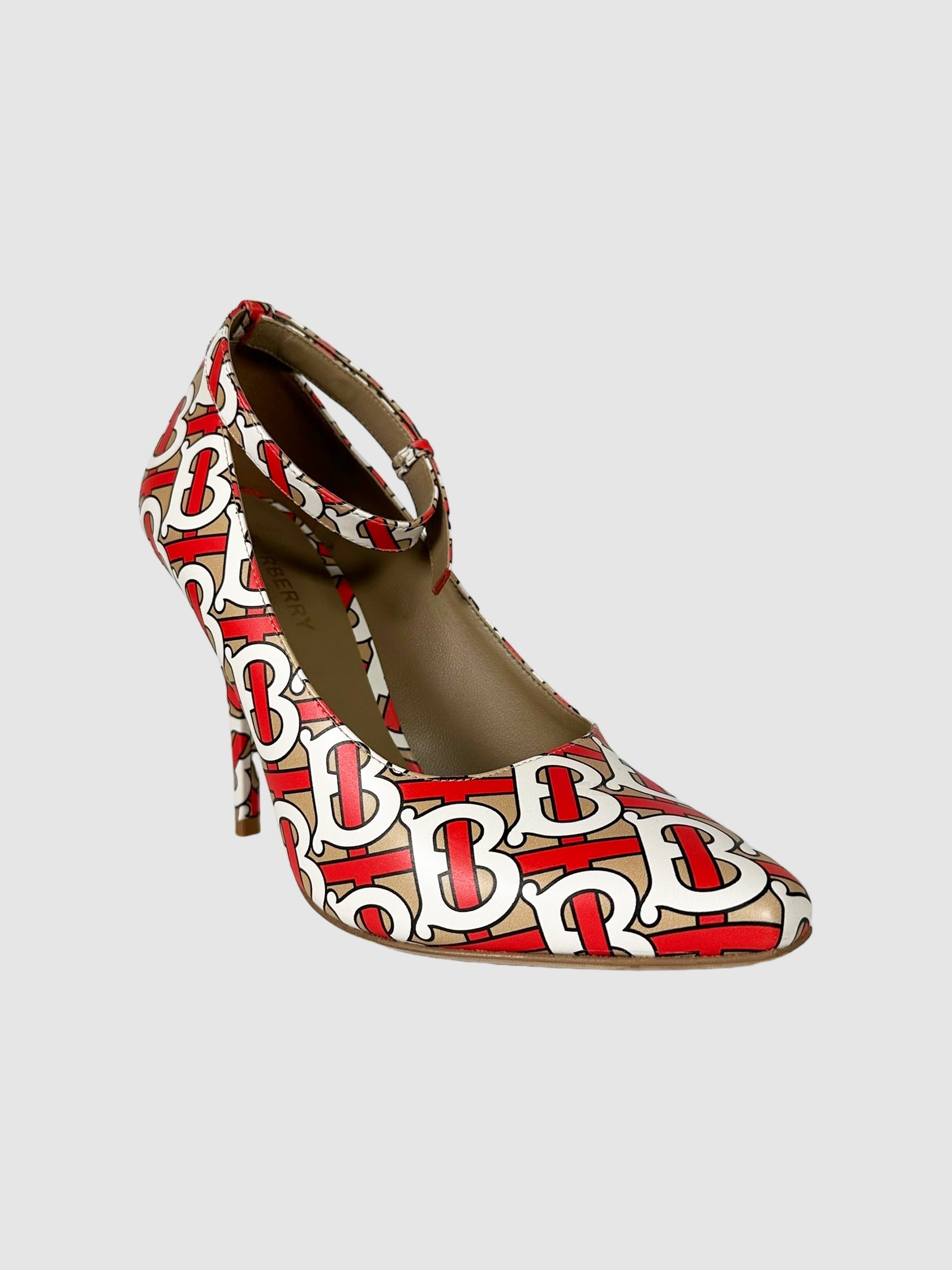 Burberry Red, Beige, and White TB Monogram Leather Ankle Strap Pumps Size 8.5 Consignment Secondhand Designer Luxury Resale Toronto Trendy