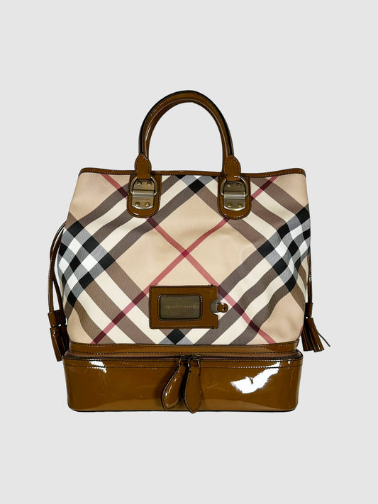 Burberry Beige, Red, White, and Black Canvas and Leather-Trimmed Nova Check Top Handle Bag Consignment Secondhand Designer Luxury Resale Toronto Trendy