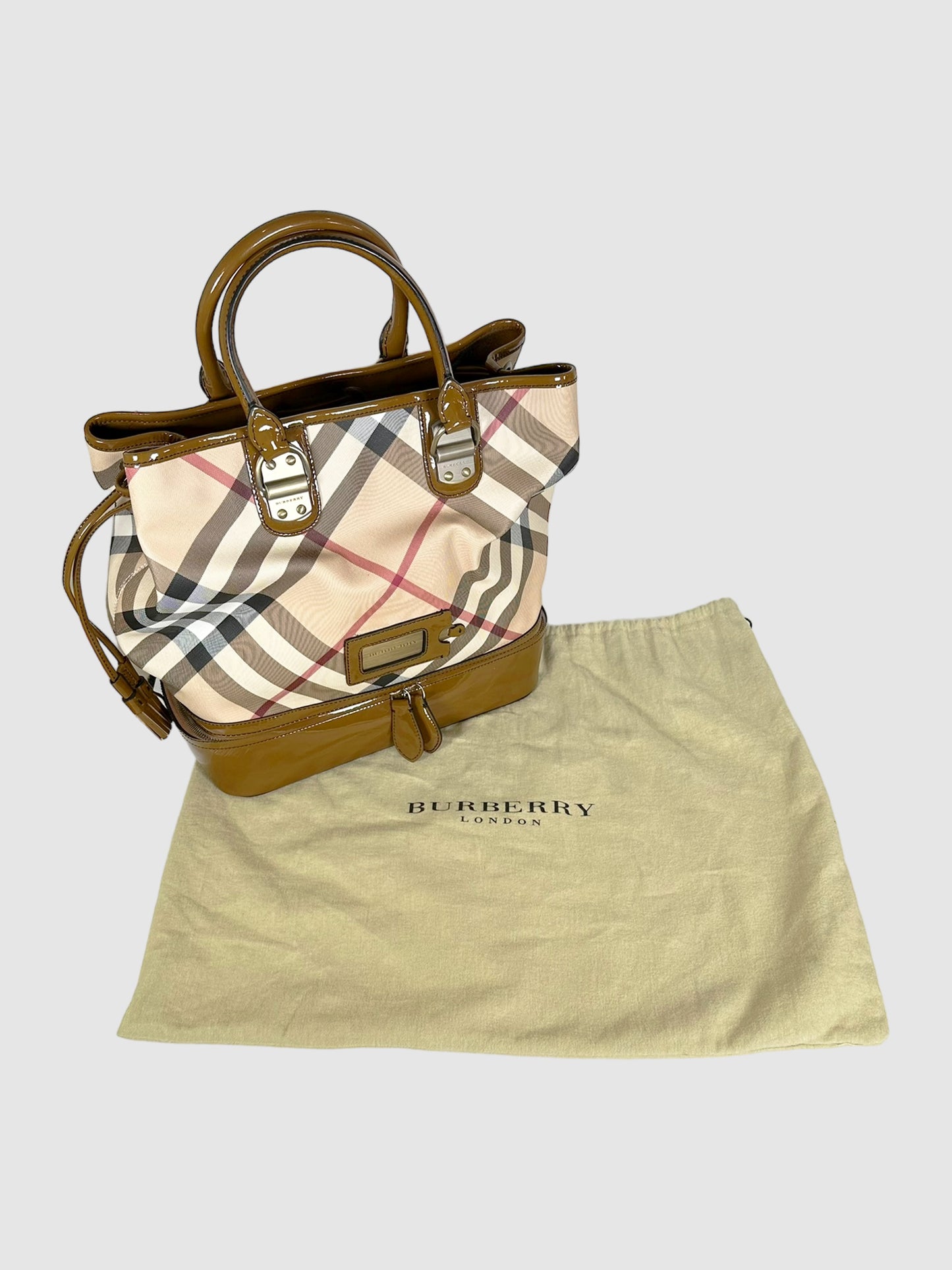 Burberry Beige, Red, White, and Black Canvas and Leather-Trimmed Nova Check Top Handle Bag Consignment Secondhand Designer Luxury Resale Toronto Trendy