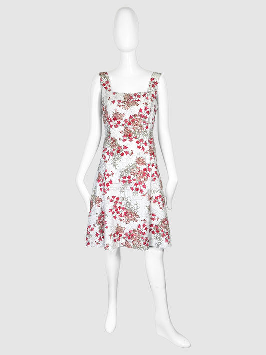 Tory Burch White with Red, Pink, and Green Floral Print Sleeveless Mini Dress Size 4 Consignment Secondhand Designer Luxury Resale Toronto Trendy