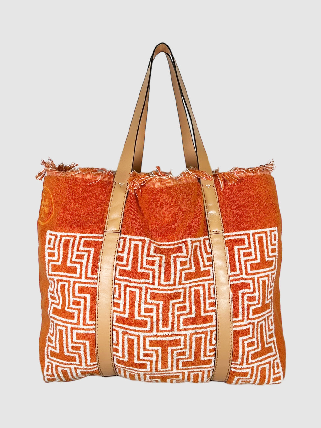 Tory Burch Orange and White Terry Cloth Beach Tote Bag with Fringe Consignment Secondhand Designer Luxury Resale Toronto Trendy