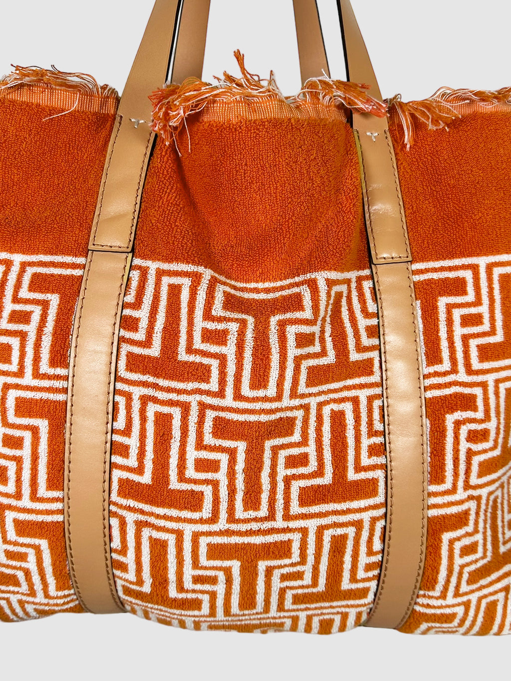Tory Burch Orange and White Terry Cloth Beach Tote Bag with Fringe Consignment Secondhand Designer Luxury Resale Toronto Trendy