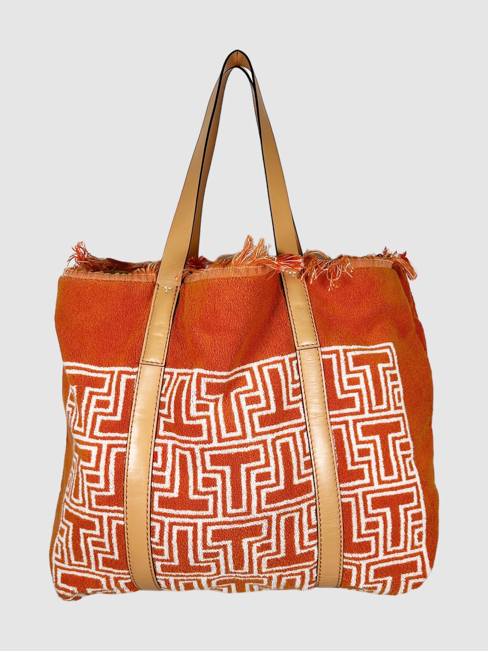 Tory Burch Orange and White Terry Cloth Beach Tote Bag with Fringe Consignment Secondhand Designer Luxury Resale Toronto Trendy