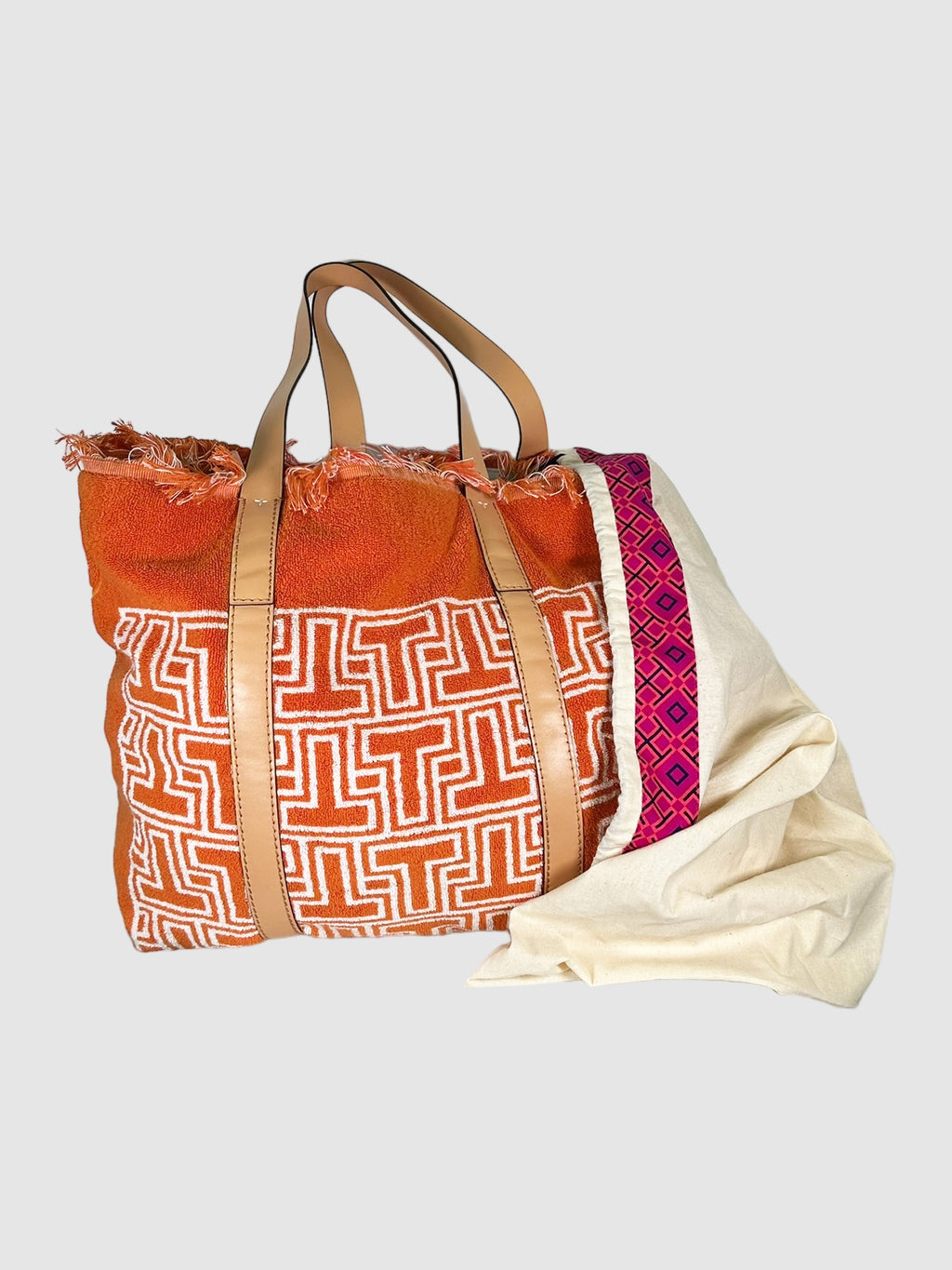 Tory Burch Orange and White Terry Cloth Beach Tote Bag with Fringe Consignment Secondhand Designer Luxury Resale Toronto Trendy
