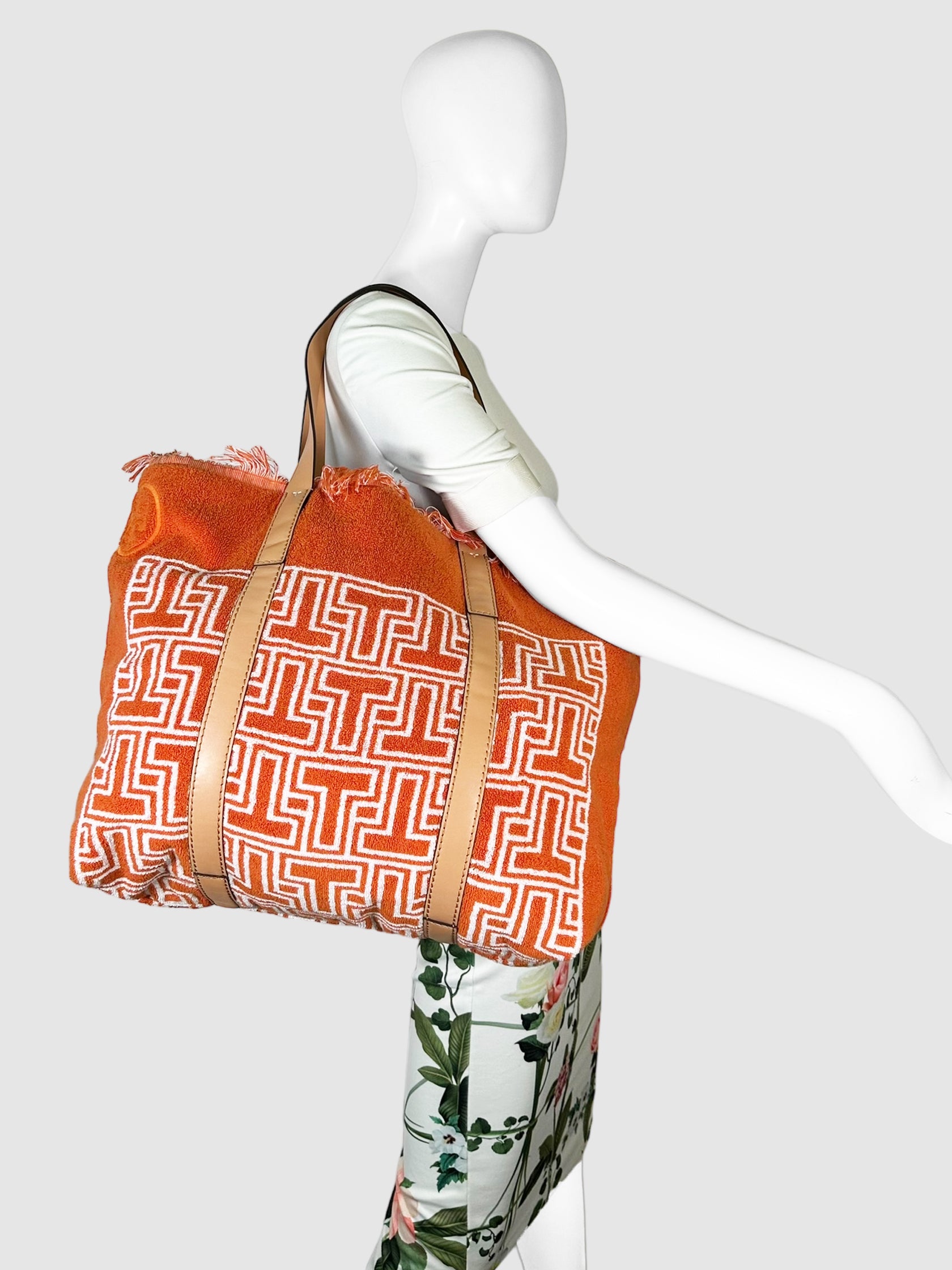 Tory Burch Orange and White Terry Cloth Beach Tote Bag with Fringe Consignment Secondhand Designer Luxury Resale Toronto Trendy