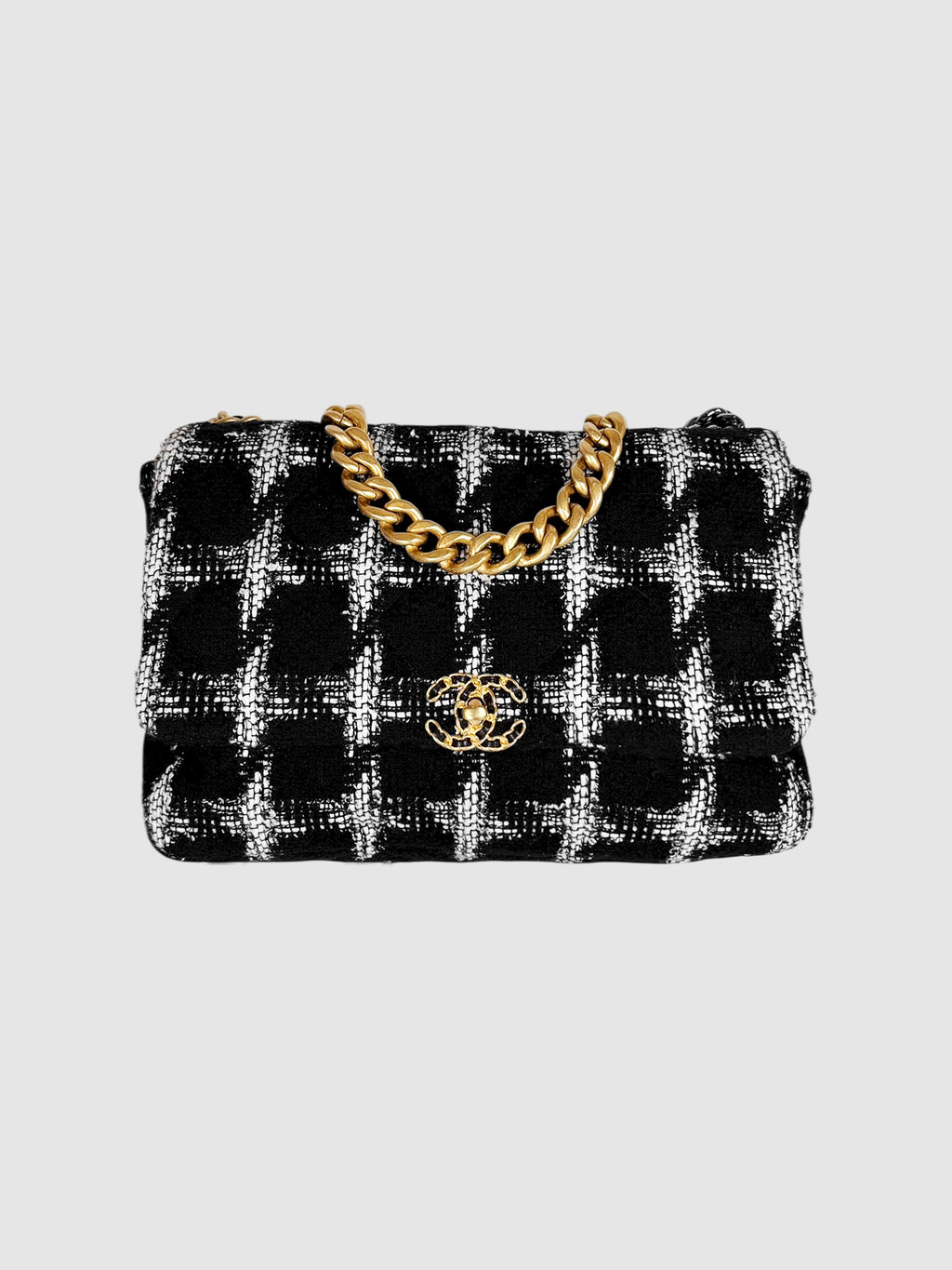 Chanel Black and White Tweed Maxi 19 Houndstooth Flap Bag luxury designer resale consignment Toronto Canada 