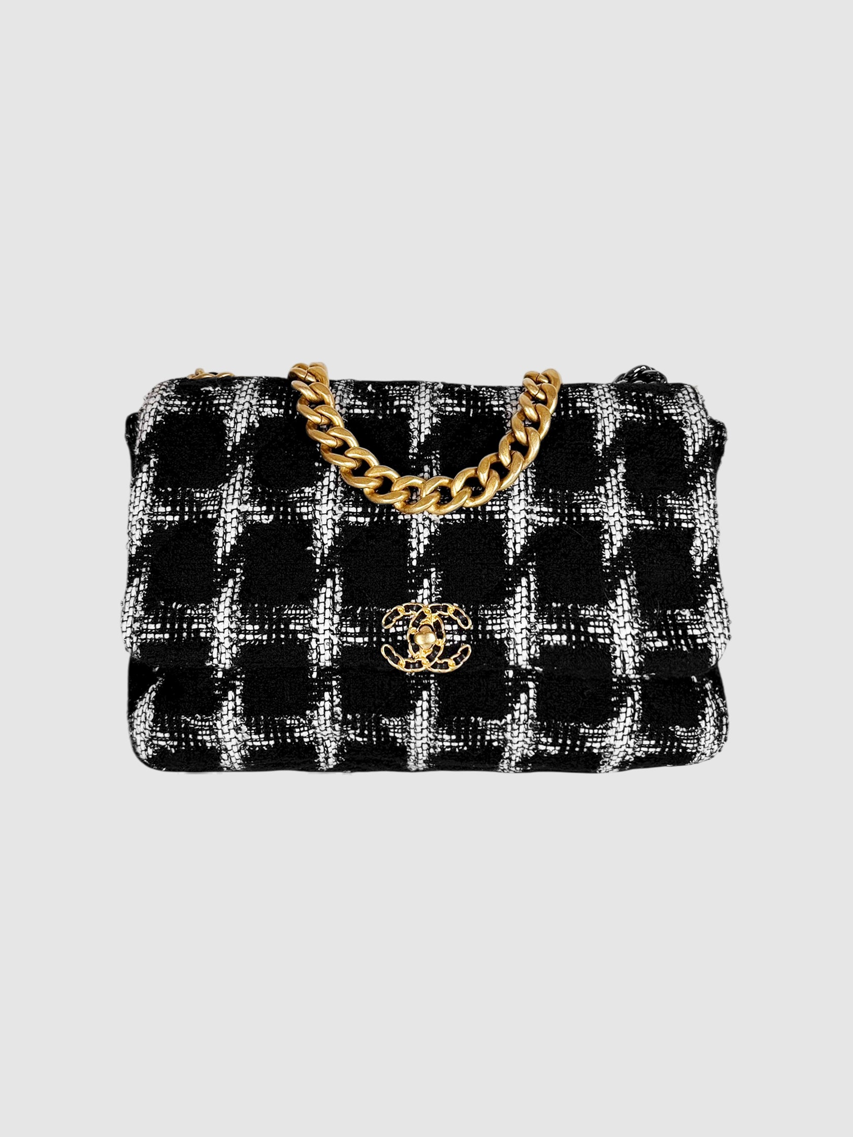 Chanel Black and White Tweed Maxi 19 Houndstooth Flap Bag luxury designer resale consignment Toronto Canada 