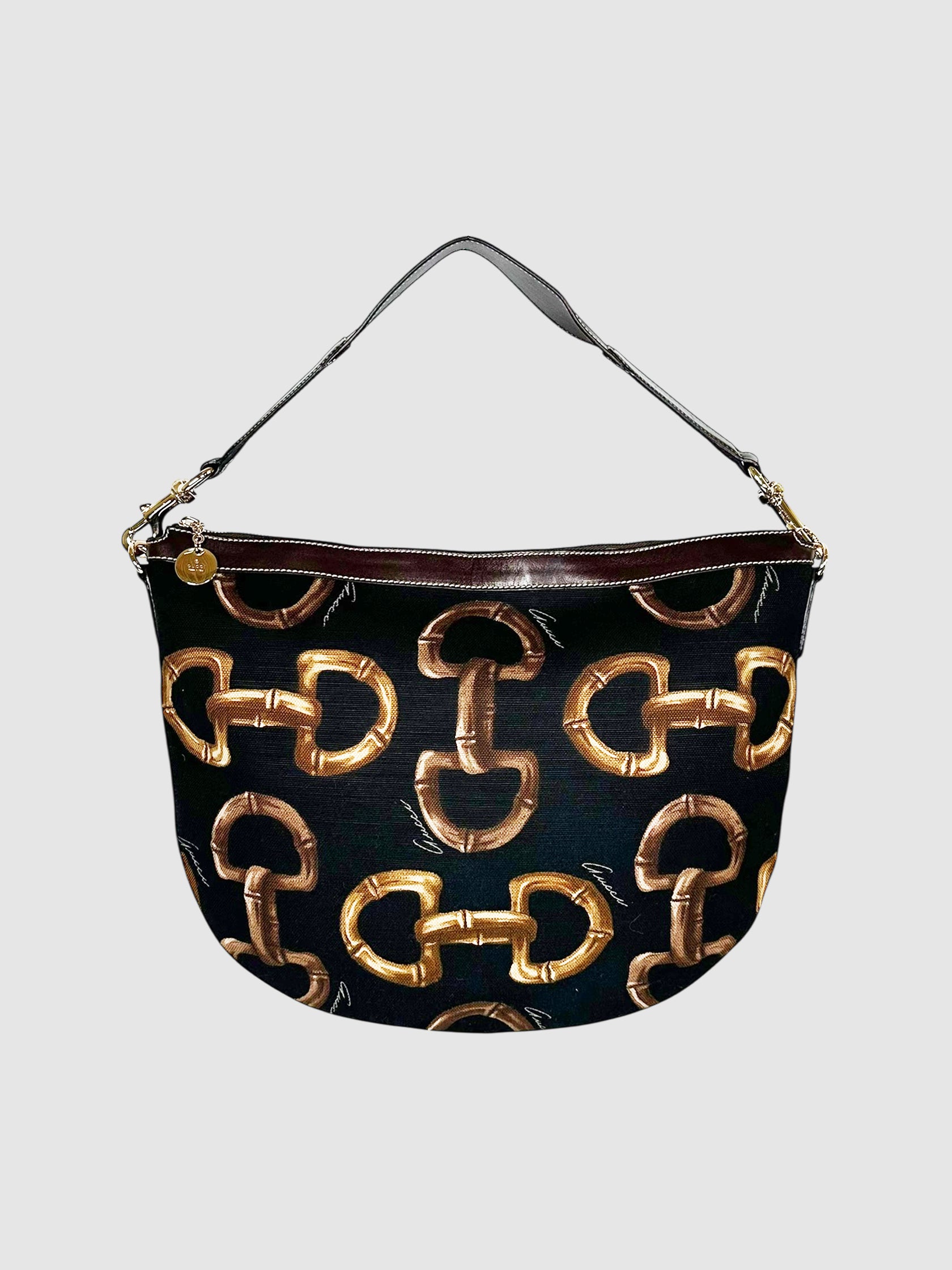Gucci Black Brown Canvas Horsebit Print Hobo Bag handbag shoulder bag luxury designer resale consignment secondhand Toronto Canada