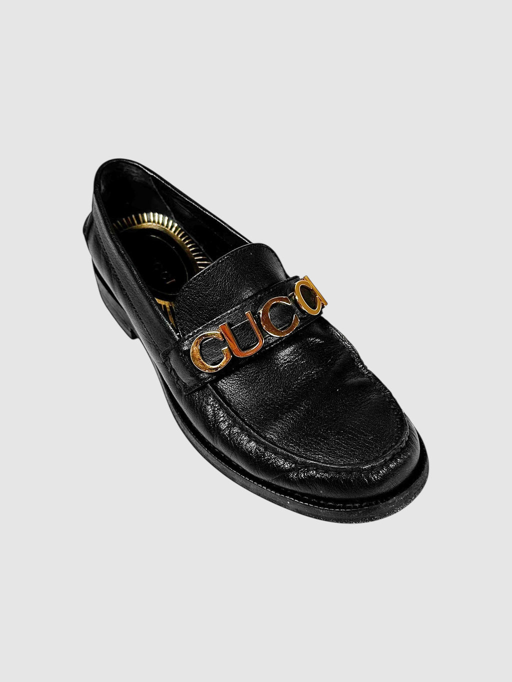 Gucci Black Leather Logo Plaque Cara Loafers - Size 37 luxury designer resale consignment secondhand toronto