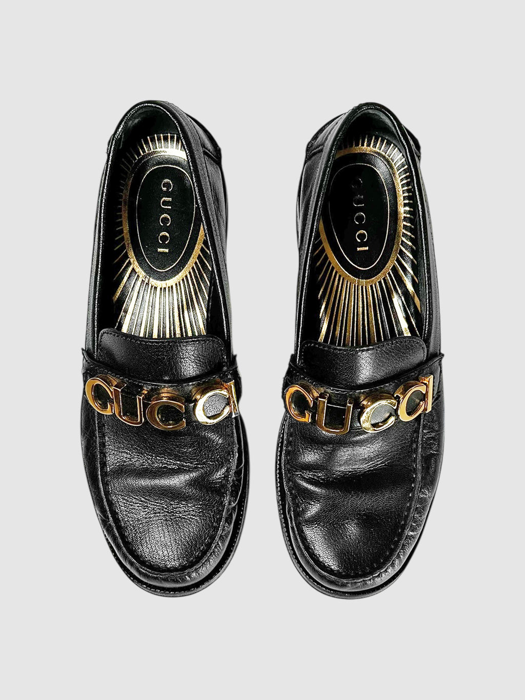 Gucci Black Leather Logo Plaque Cara Loafers - Size 37 luxury designer resale consignment secondhand toronto