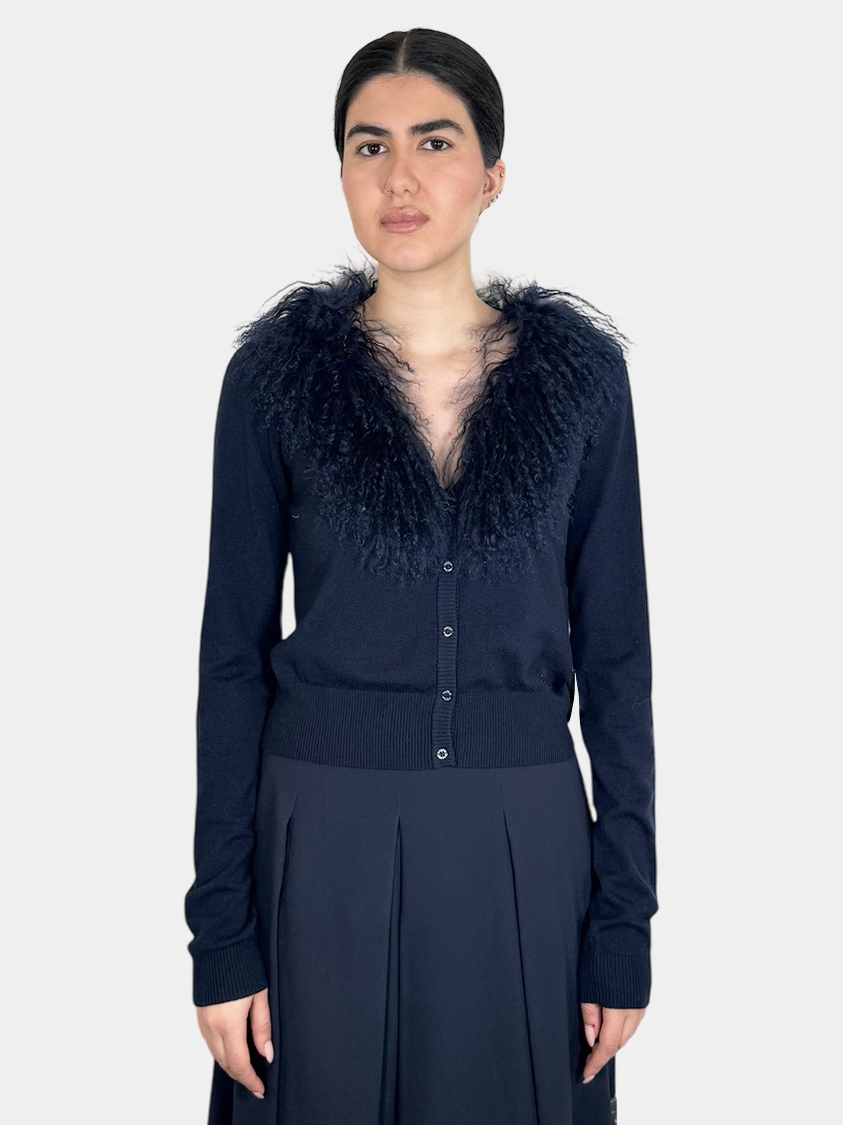 Fur Collar Button-Up Cardigan - Size XL