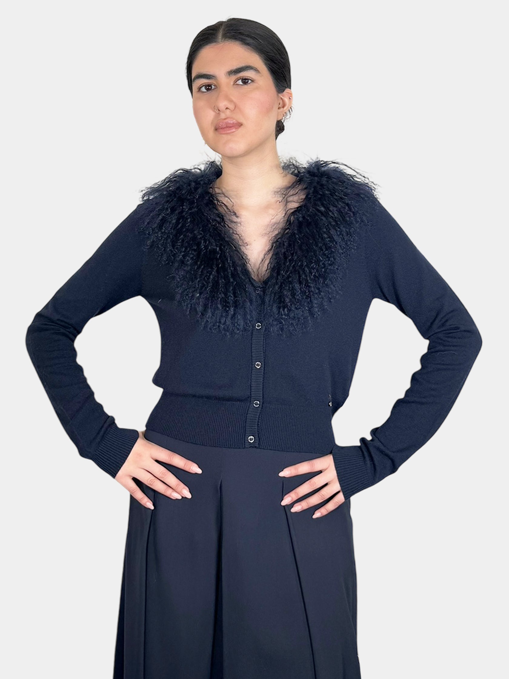 Fur Collar Button-Up Cardigan - Size XL